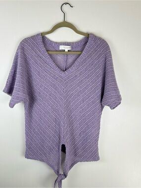 Hayden Los Angeles Women Large Waffle Knit Blouse V Neck Short Sleeve Tie Front